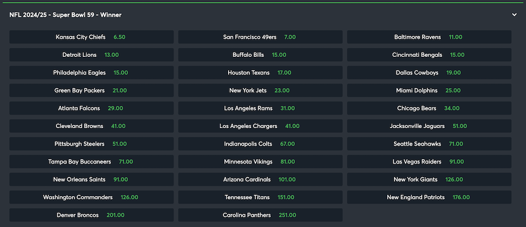 ブックメーカーによるアメフトNFL2024/2025のスーパーボウル59優勝予想オッズ